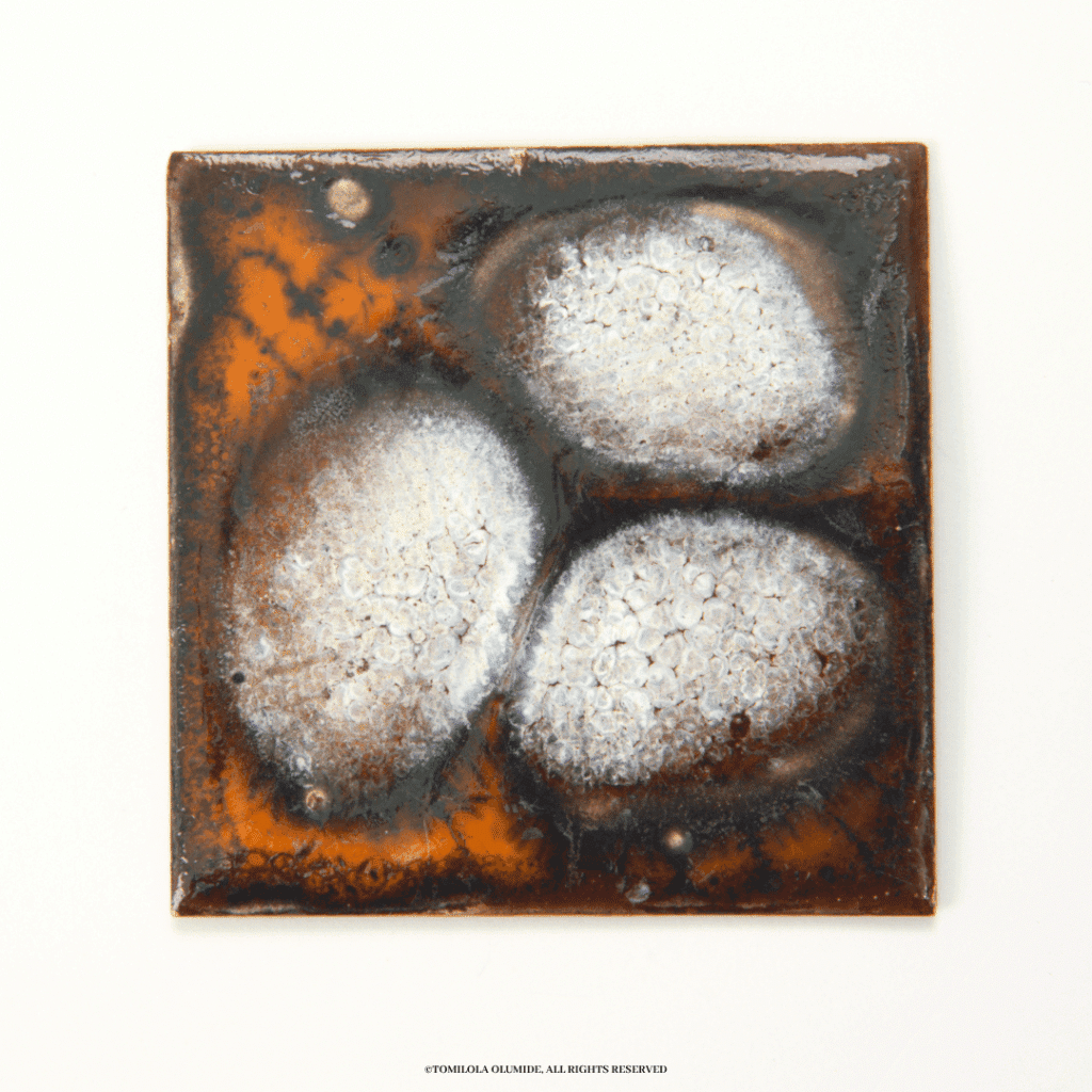 Oyan (Breast), Ìnù mí dùn | 2025  Sculpture (kiln-fired enamel glass on silversmithed copper metal) 9.12 x 44.4cm by Artist Tomilola Olumide